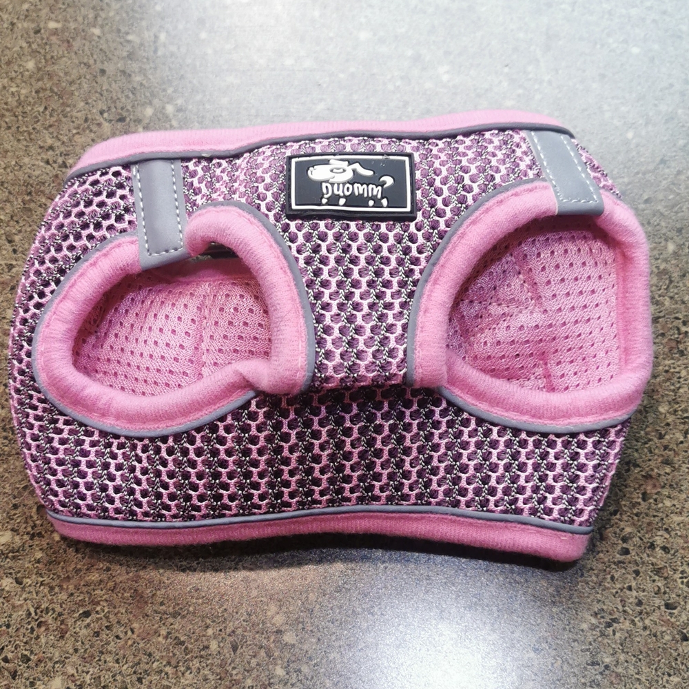 Small Dog / cat Harness Pink Grey Gray reflective velcro clip Duomm leash New - Picture 3 of 11